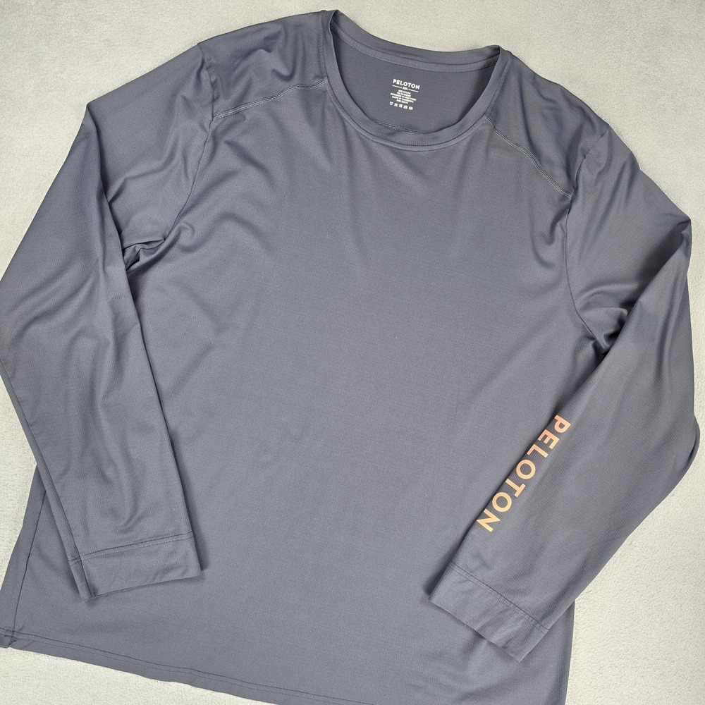 Peloton Shirt Mens 2XL Gray Long Sleeve Performance Athletic Logo Tee Cycling